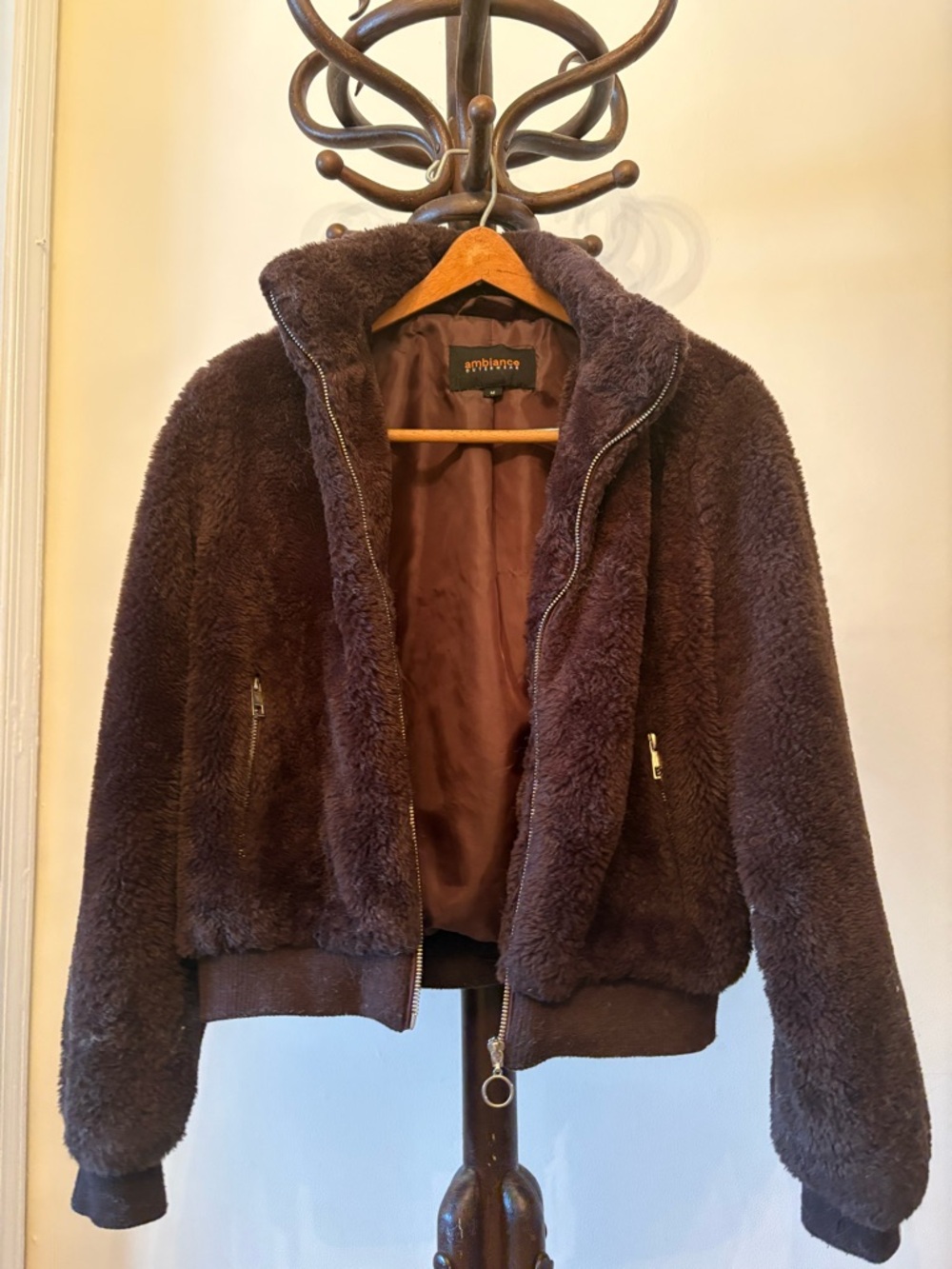 Ambiance Faux Shearling Jacket — Dark Brown, Medium